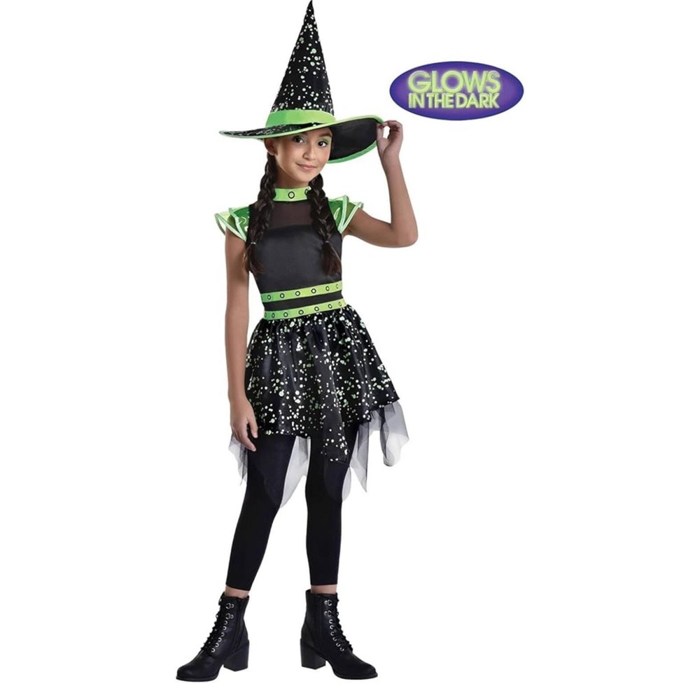 Midnight Mischief Witch Costume Kids L 12–14 Glow in Dark Hat Dress Halloween NW